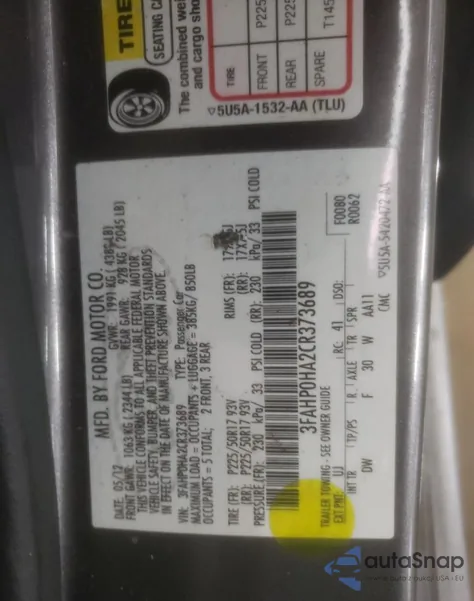 2012 Ford Fusion Se из США, поврежденный, VIN 3FAHP0HA2CR373689